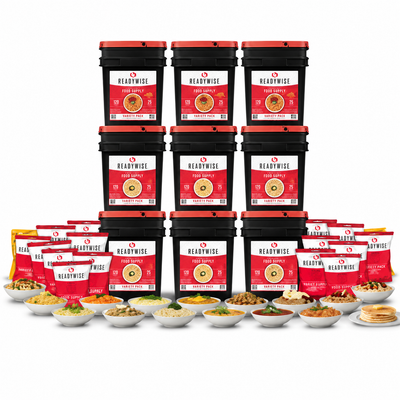 ReadyWise 1080 Serving Long-Term Emergency Food Supply featuring nine food storage buckets with freeze-dried meals, soups, cereals, and breakfast foods for extended preparedness