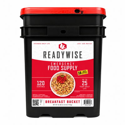 120 Serving Breakfast Bucket featuring cereals, granola, pancake mix, and syrup for emergency preparedness and long-term food storage