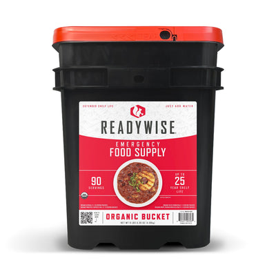 90 Serving Organic Bucket featuring organic soups, entrees, oatmeal, and long-term emergency food storage meals with up to a 25-year shelf life