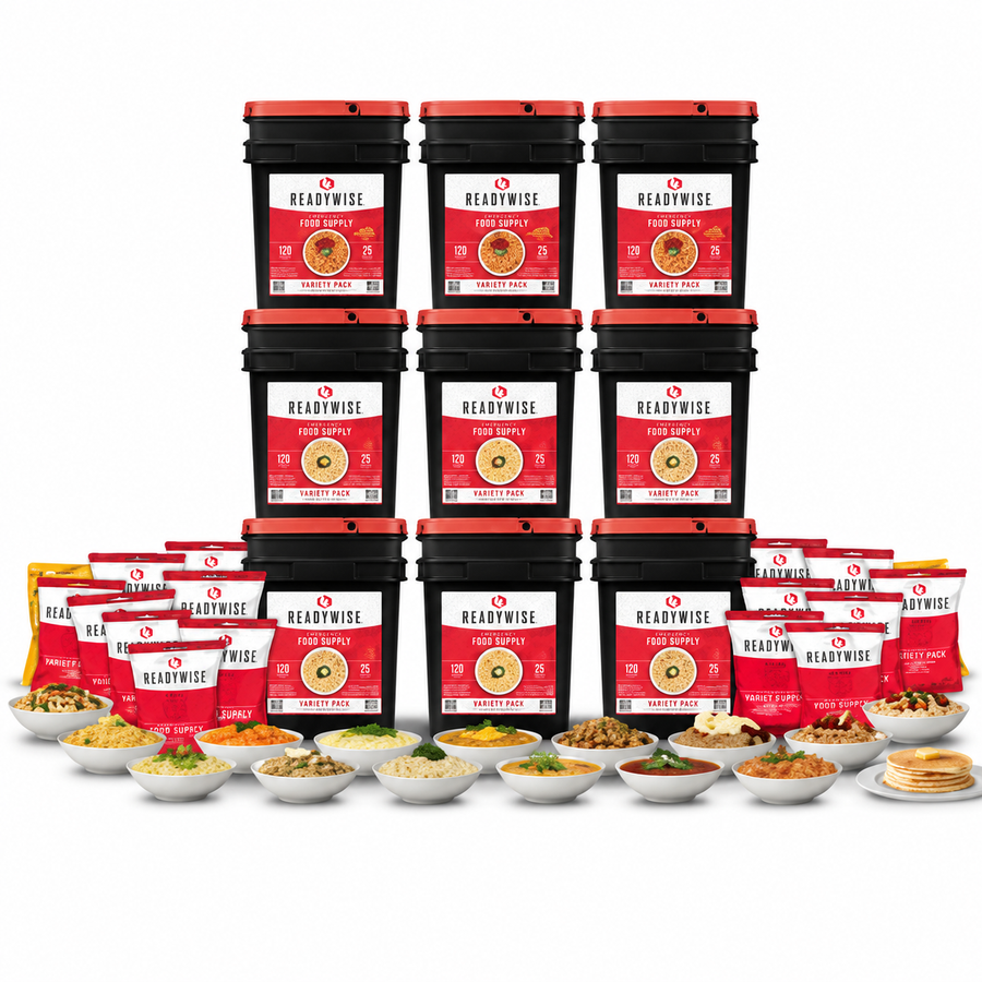 ReadyWise 1080 Serving Long-Term Emergency Food Supply featuring nine food storage buckets with freeze-dried meals, soups, cereals, and breakfast foods for extended preparedness