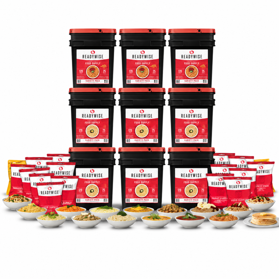 ReadyWise 1080 Serving Long-Term Emergency Food Supply featuring nine food storage buckets with freeze-dried meals, soups, cereals, and breakfast foods for extended preparedness