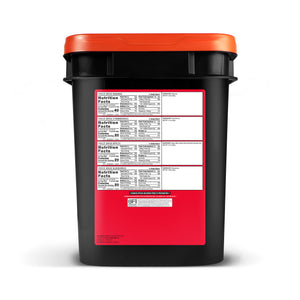 120 serving freeze-dried fruit bucket showing nutrition facts abd calories per serving