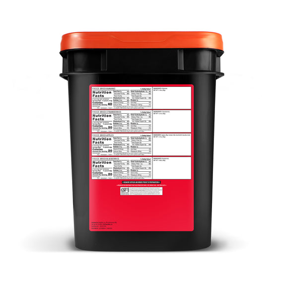 120 serving freeze-dried fruit bucket containing bananas, blueberries, strawberries, and apples for emergency food storage and healthy snacking