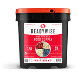 120 serving freeze-dried fruit bucket containing bananas, blueberries, strawberries, and apples for emergency food storage and healthy snacking