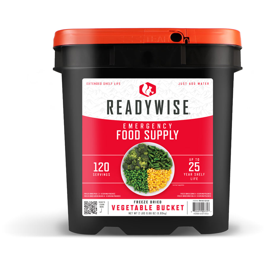 readywise 120 serving freeze-dried vegetable bucket with corn peas broccoli and green beans