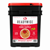 120 Serving Breakfast Bucket featuring cereals, granola, pancake mix, and syrup for emergency preparedness and long-term food storage