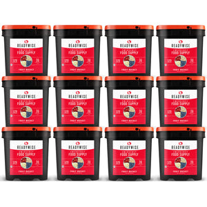 readywise 1440 serving freeze-dried fruit bundle with bananas blueberries strawberries and apples in twelve food storage buckets