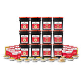 ReadyWise 1440 Serving Emergency Food Supply featuring twelve storage buckets with freeze-dried meals, soups, cereals, granola, and breakfast foods for long-term preparedness