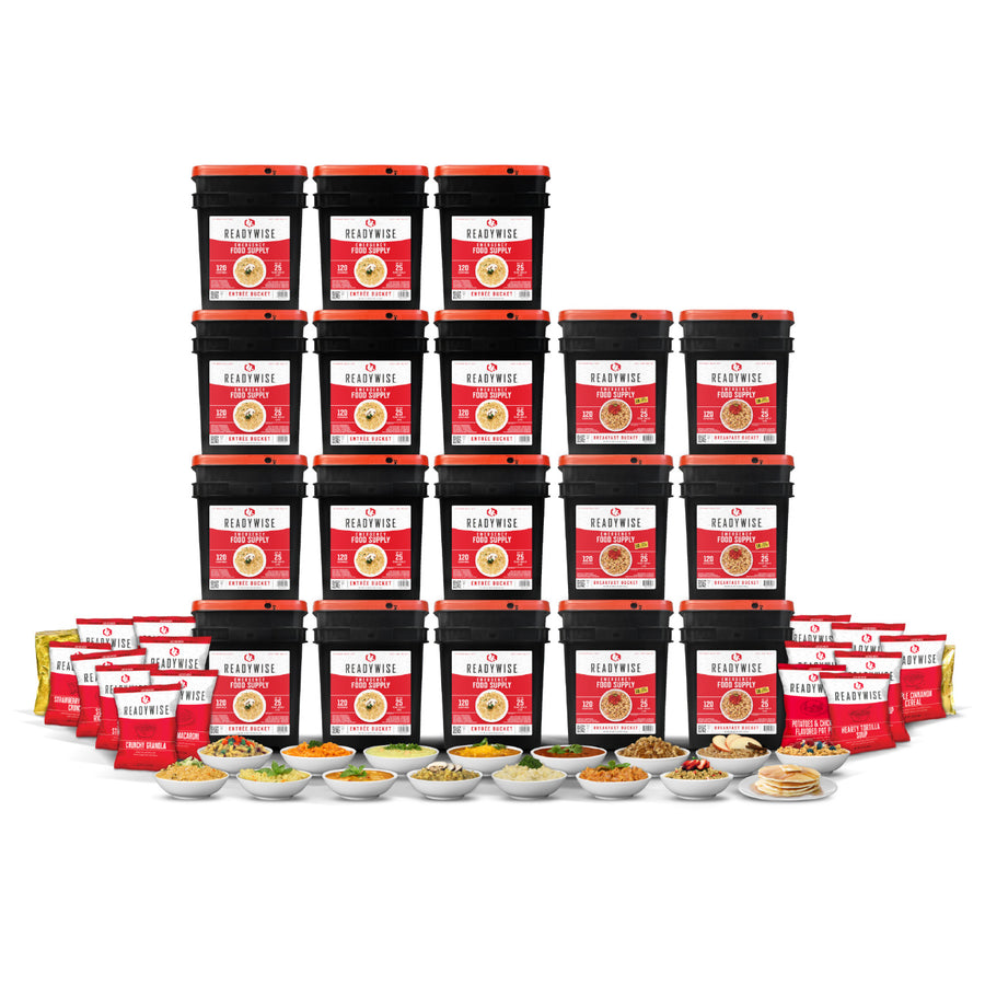 ReadyWise 2160 Serving Emergency Food Supply featuring eighteen storage buckets filled with freeze-dried meals, soups, cereals, breakfast foods, and emergency food reserves