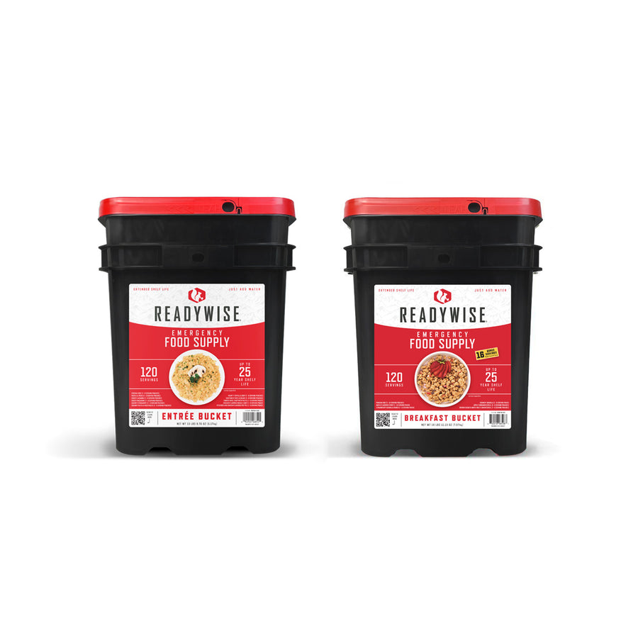ReadyWise 240 Serving Long-Term Emergency Food Supply featuring two food storage buckets with freeze-dried meals, breakfasts, soups, and side dishes