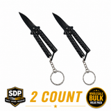 Two black 3.75‑inch mini butterfly knife keychains displayed side‑by‑side, showing their compact handles and folded blade design.