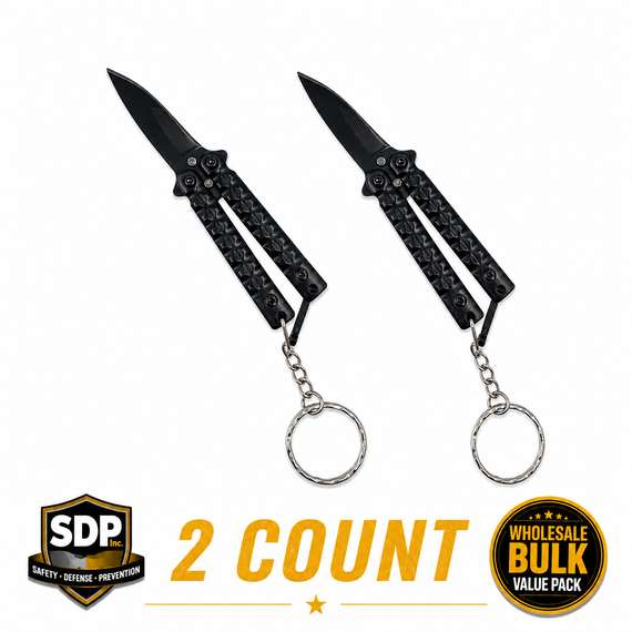 Two black 3.75‑inch mini butterfly knife keychains displayed side‑by‑side, showing their compact handles and folded blade design.