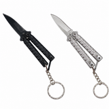 set of two 3.75‑inch silver and black butterfly‑style keychain knives displayed to highlight their small size and polished finish