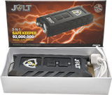 3‑in‑1 Safe Keeper stun gun shown in retail blister packaging with visible device and printed product features.