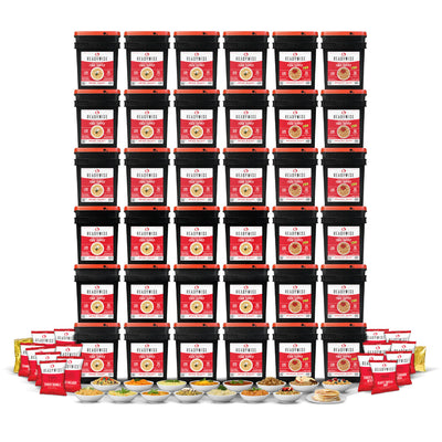 ReadyWise 4320 Serving Long-Term Emergency Food Supply featuring 36 food storage buckets with freeze-dried meals, soups, cereals, and breakfast foods for extended preparedness