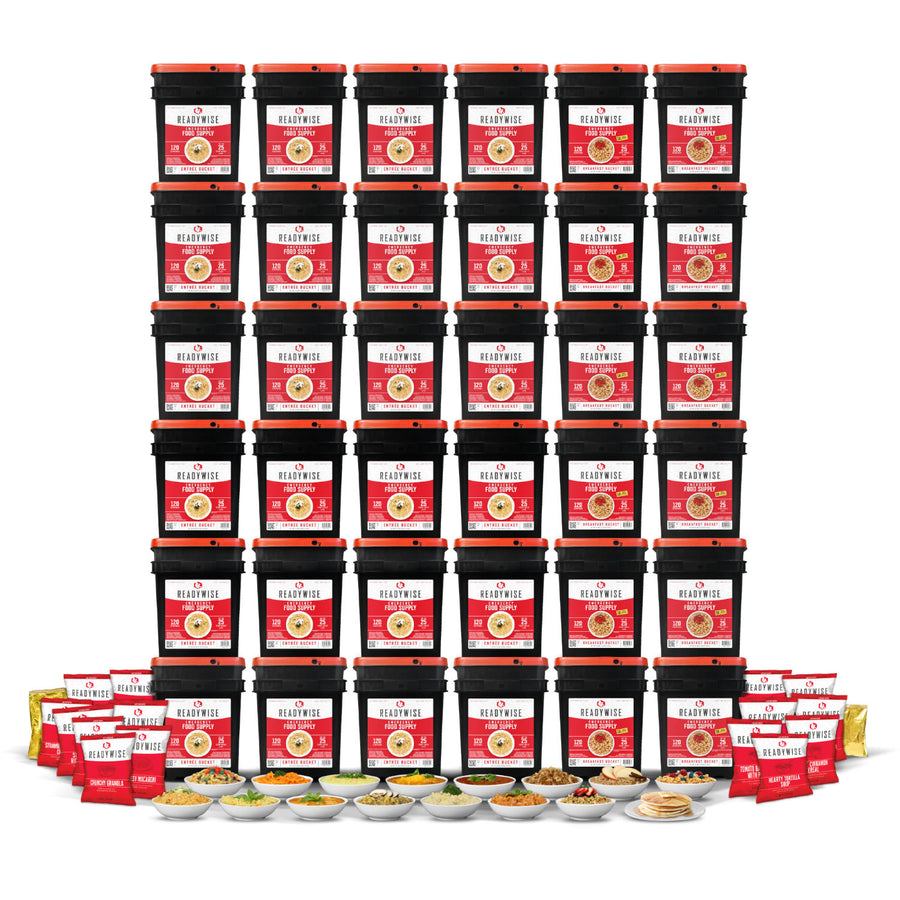 ReadyWise 4320 Serving Long-Term Emergency Food Supply featuring 36 food storage buckets with freeze-dried meals, soups, cereals, and breakfast foods for extended preparedness