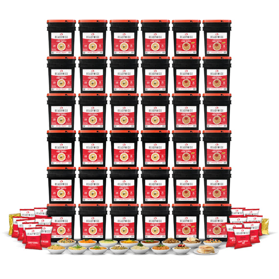 ReadyWise 4320 Serving Long-Term Emergency Food Supply featuring 36 food storage buckets with freeze-dried meals, soups, cereals, and breakfast foods for extended preparedness