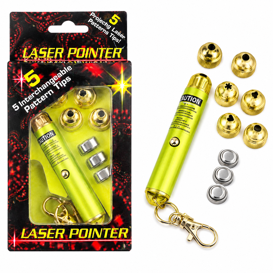 GLOWORKS 5 head red laser pointer with keychain and interchangeable pattern tips.
