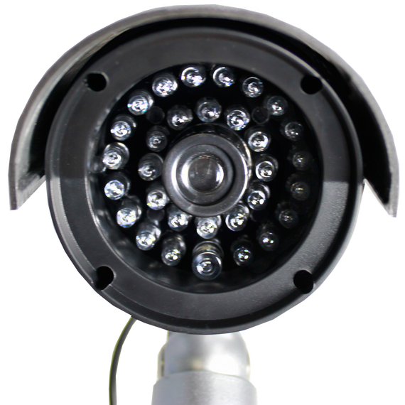 5 Inch silver IR dummy security camera with flashing red LED, adjustable mounting bracket, and realistic outdoor surveillance housing.