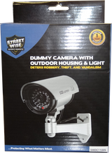 Retail packaging for the 5‑inch silver IR dummy camera showing the device inside a clear blister pack with branding and feature highlights on the backing card.