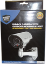 Retail packaging for the 5‑inch silver IR dummy camera showing the device inside a clear blister pack with branding and feature highlights on the backing card.
