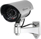 5 Inch silver IR dummy security camera with flashing red LED, adjustable mounting bracket, and realistic outdoor surveillance housing.