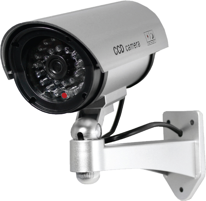 5 Inch silver IR dummy security camera with flashing red LED, adjustable mounting bracket, and realistic outdoor surveillance housing.