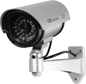 5 Inch silver IR dummy security camera with flashing red LED, adjustable mounting bracket, and realistic outdoor surveillance housing.