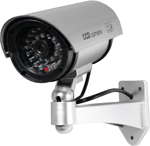 5 Inch silver IR dummy security camera with flashing red LED, adjustable mounting bracket, and realistic outdoor surveillance housing.