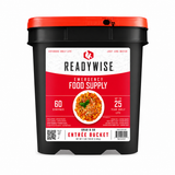 60 Serving Entree Bucket featuring freeze-dried entrees, soups, pasta dishes, and rice meals for emergency preparedness and long-term food storage