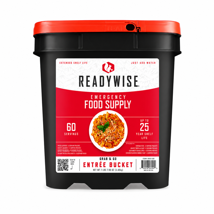 60 Serving Entree Bucket featuring freeze-dried entrees, soups, pasta dishes, and rice meals for emergency preparedness and long-term food storage