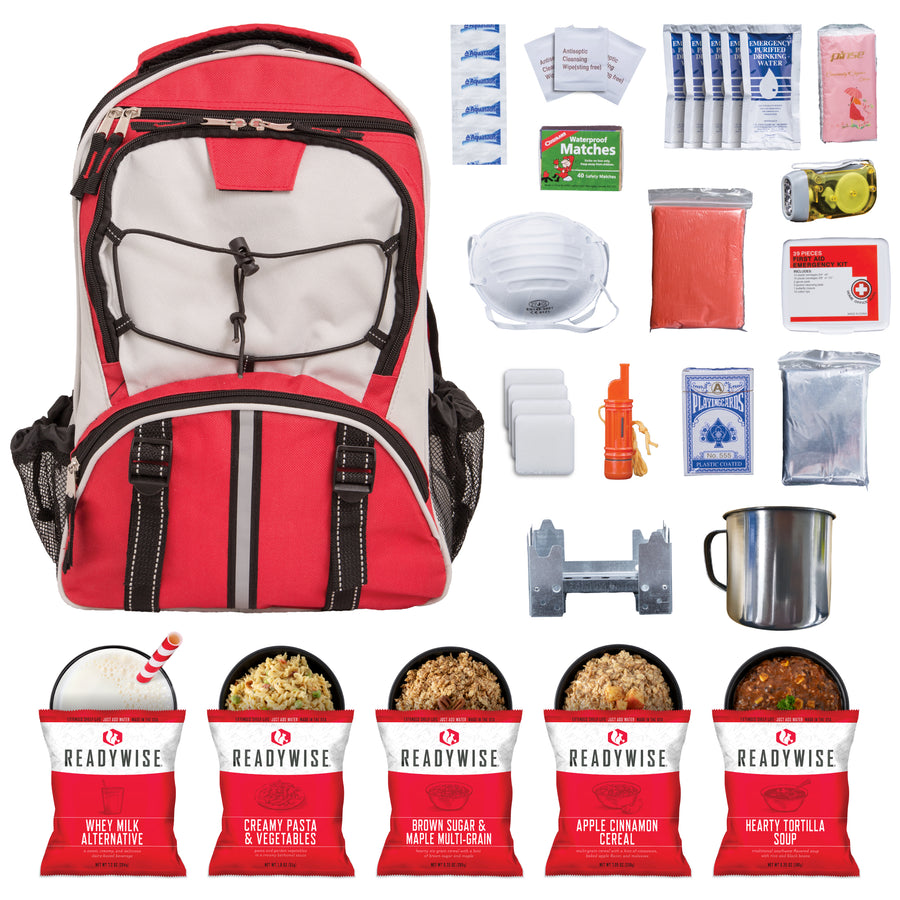 64 piece survival red backpack emergency preparedness kit with food, water, first aid supplies, portable stove, and survival gear