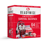 emergency survival backpack kit containing 64 pieces of food, water, first aid, and essential gear