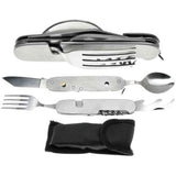 Compact multi‑tool set stored inside a durable fabric pouch, showing fork, spoon, knife, and additional camp tools neatly organized.