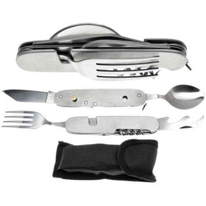 Compact multi‑tool set stored inside a durable fabric pouch, showing fork, spoon, knife, and additional camp tools neatly organized.