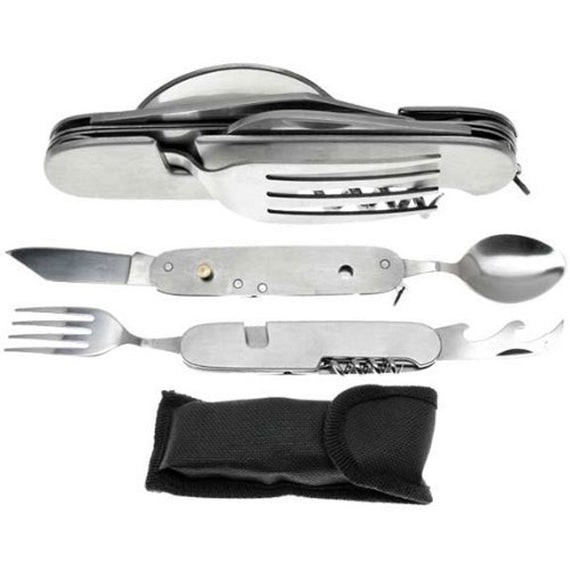 7-in-1 stainless steel multi-functional camping tool with knife, fork, spoon and nylon carrying pouch.