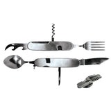 7-in-1 stainless steel multi-functional camping tool with knife, fork, spoon and nylon carrying pouch.