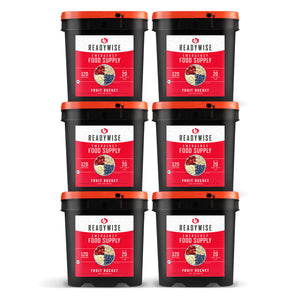readywise 720 serving freeze-dried fruit bundle with bananas blueberries strawberries and apples in six food storage buckets