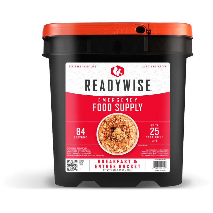 84 Serving Breakfast and Entree Grab and Go Bucket featuring freeze-dried meals, cereals, soups, and entrees for emergency preparedness and long-term food storage