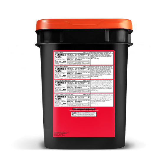 84 Serving Gluten Free Grab and Go Bucket featuring certified gluten-free meals, soups, rice dishes, and desserts for emergency preparedness and long-term food storage