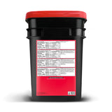 90 Serving Organic Bucket with nutrition facts and calorie count per serving shown, and with up to a 25-year shelf life