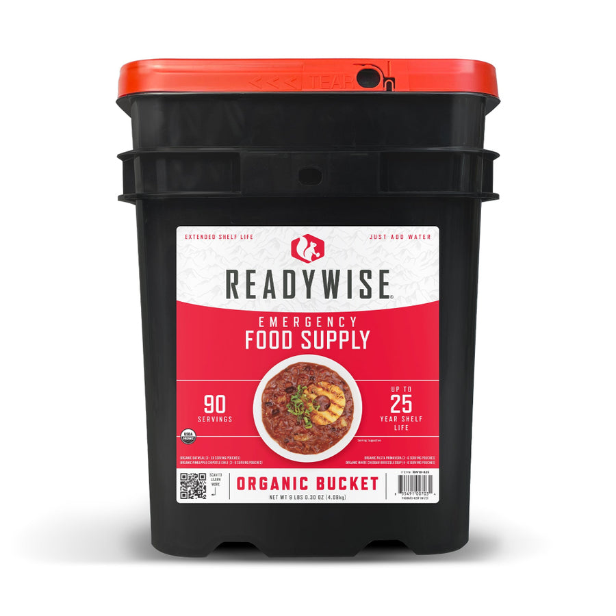 90 Serving Organic Bucket featuring organic soups, entrees, oatmeal, and long-term emergency food storage meals with up to a 25-year shelf life