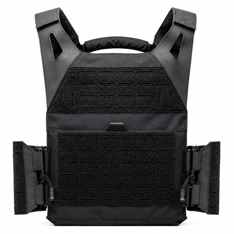 AR500 Invictus Gen 2 plate carrier in black shown with laser‑cut MOLLE, lightweight profile, and adjustable shoulder straps for tactical loadouts.