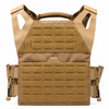 Invictus Gen 2 plate carrier in coyote shown with load‑bearing shoulder pads, drag handle, and laser‑cut webbing.