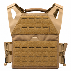 Invictus Gen 2 plate carrier in coyote shown with load‑bearing shoulder pads, drag handle, and laser‑cut webbing.