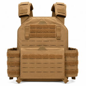 Testudo Gen 2 plate carrier in coyote color shown with laser‑cut MOLLE, padded shoulder straps, and adjustable cummerbund for tactical loadouts.