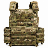 Testudo Gen 2 plate carrier in woodland camouflage shown with laser‑cut MOLLE, padded shoulder straps, and adjustable cummerbund for tactical loadouts.