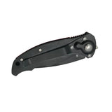 Twelve stainless steel folding knives with mixed handle colors displayed upright, each equipped with a belt clip.