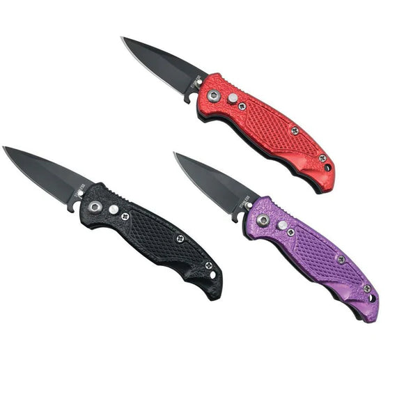 12-piece assisted opening stainless steel pocket knife display with red, black, and purple folding knives and countertop display box.