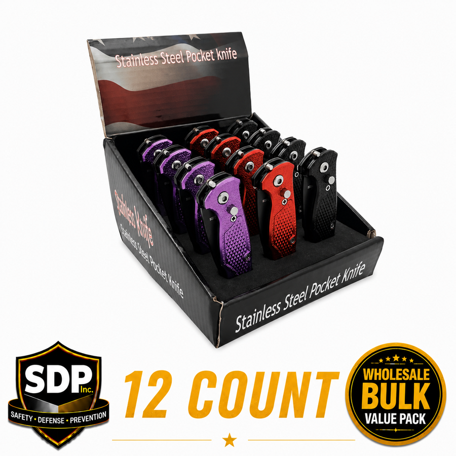 12-piece assisted opening stainless steel pocket knife display with red, black, and purple folding knives and countertop display box.